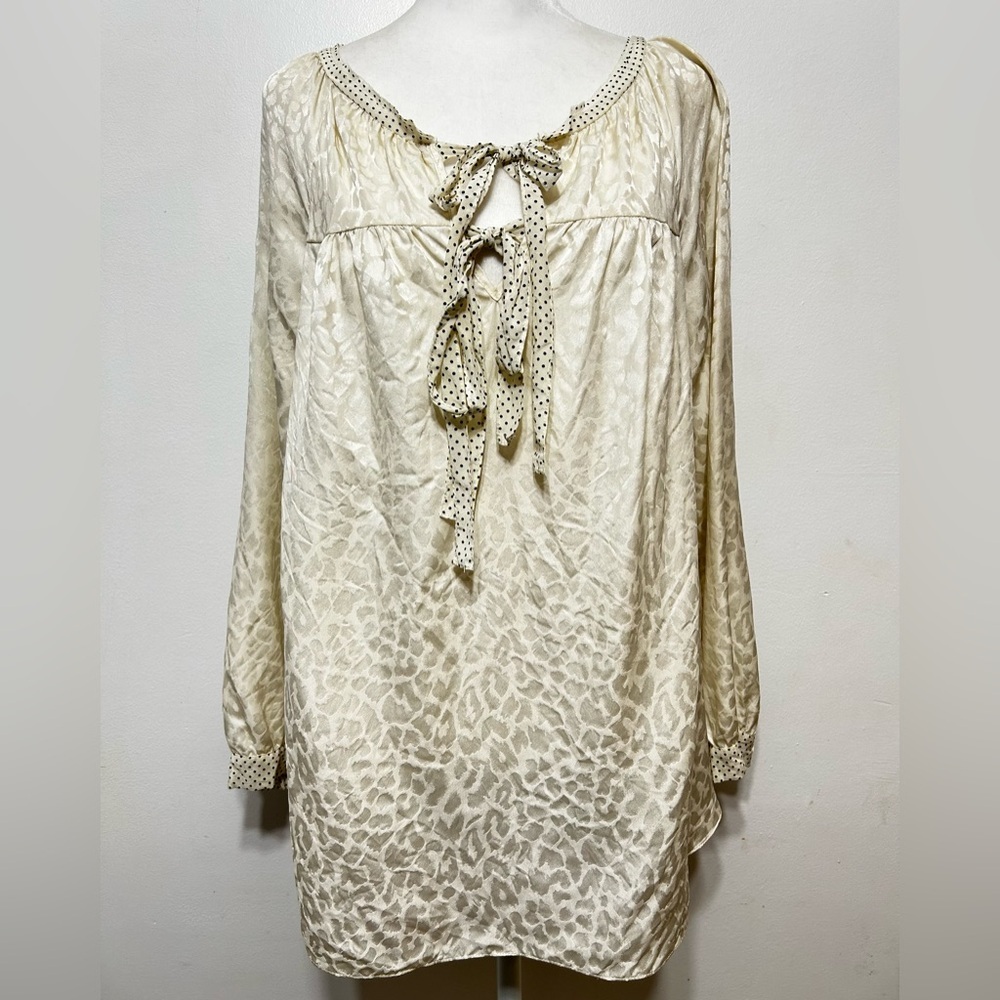 Rebecca Taylor 100% Silk Double Bow Tie Leopard and Polka Dot Blouse